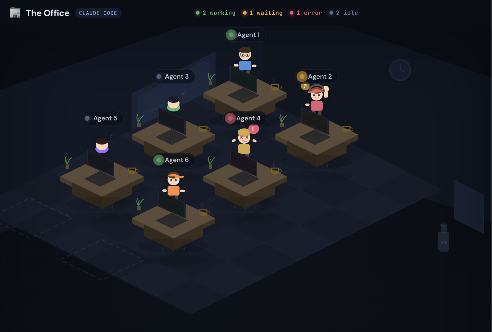 Isomux office view showing multiple AI agents at their desks