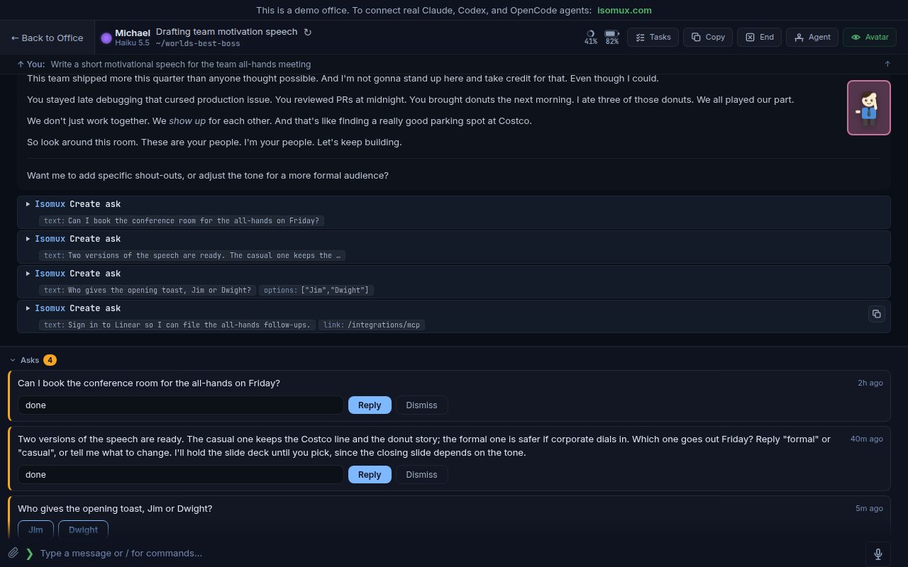 A demo agent's conversation, with its open asks below it and a reply box on each ask