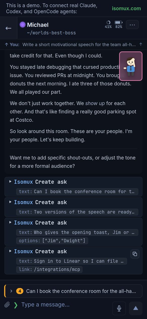 A demo agent's conversation on a phone, with its open asks and a message box