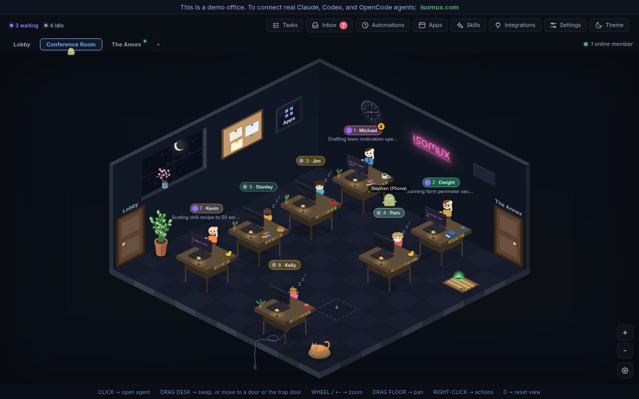 The demo office: eight agents at their desks, with a name and a status over each desk, a topic over the busy ones, and a count of waiting and idle agents in the top bar