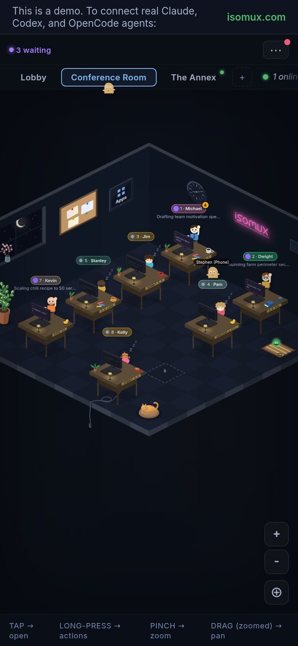 The demo office on a phone: agents at their desks, with a name and a status over each desk